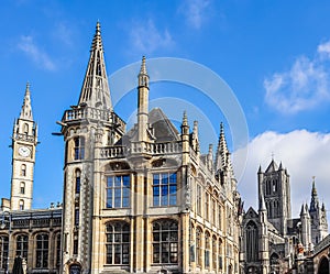 Ghent old town skyline, historic city centre, Gent Belgium travel photo