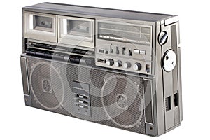 `ghetto blaster` - vintage portable stereo boombox radio cassette recorder from 80s isolated on white background