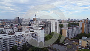 Ghetto Building Mehring place city Berlin. Great aerial top view flight drone