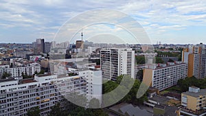 Ghetto Building Tv Tower city Berlin. Lovely aerial top view flight drone