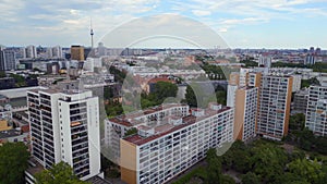 Ghetto Building tv tower city Berlin. Perfect aerial top view flightdrone