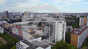 Ghetto Building tv tower city Berlin. Stunning aerial top view flight drone