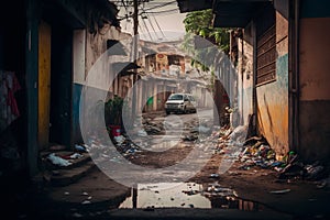 Ghetto city back alley with dirt rubbish and poor residental houses. Neural network generated art