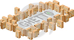 Ghetto district. Building in form of letters. Vector illustration. A poor district on outskirts