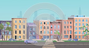 Ghetto landscape vector illustration, cartoon flat neighborhood cityscape with slum city street and dirty shanty houses photo