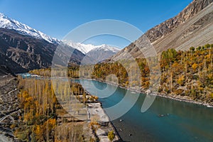 Ghizer valley in autumn season, Hindu Gush mountain range in Gilgit Baltistan, north Pakistan