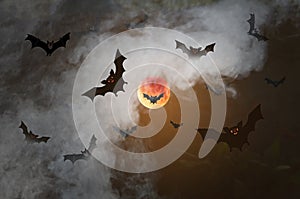 Ghost bat herd fly from red moon and white fog in the night