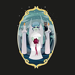 The ghost bride. Halloween costume. Cemetery with graves and headstones. Frame with patterns in vintage style. Black cat with a