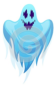 Ghost cartoon. Halloween spooks, scary ghostly monster, nightmare character, simple drawing, blue spirit with evil angry