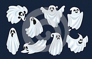 Ghost character. Halloween scary ghostly monster, dead boo spook and spooky fly anima isolated cartoon vector set