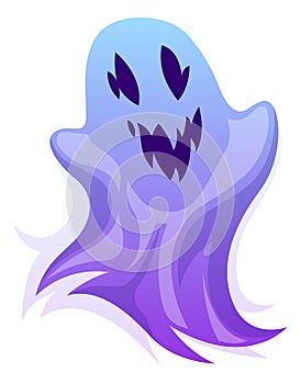 Ghost character. Halloween scary ghostly monster, purple spooks evil face, autumn horror holiday, scary party object