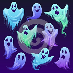Ghost character. Halloween scary ghostly monster and spooks. Cute funny friendly ghoul, horror phantoms and holiday