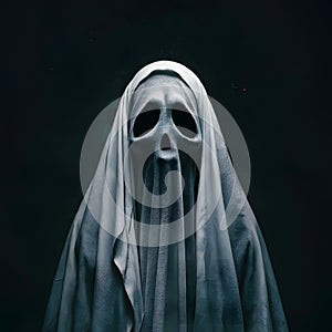 Ghost covered in white cloth, shrouded in darkness, ambiguous symbolism photo