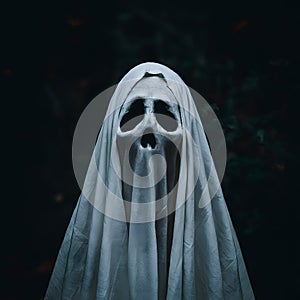 Ghost covered in white cloth, shrouded in darkness, ambiguous symbolism photo