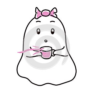 Ghost with cup of tea in doodle style. Vector illustration isolated on a white background.