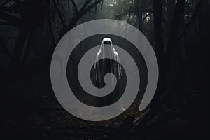 Ghost in a dark forest. Halloween concept