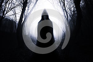 Ghost in dark haunted forest on Halloween
