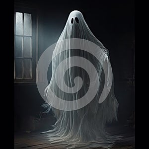 Ghost. Dark room with phantom on which kights fro window falls. AI generated art. Concept of halloween, mystic, holiday, fears