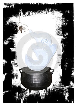 Ghost Emerging from Witch`s pot Halloween Illustration