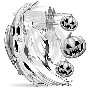 Ghost and Evil Pumpkins funny Nightmare Escape Halloween Vector Illustration isolated on white photo