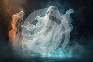 a ghost floating in the air with smoke coming out of it\'s mouth and a glowing light coming out of it\'s mouth