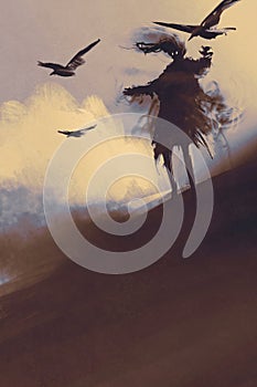 Ghost with flying crows in the desert