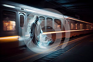 The ghost in front of subway train. Horrors, nightmares, driving safety