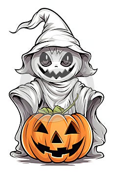 Ghost, ghoul dressed in white in front of him jack-o-lantern pumpkin, a Halloween image on a bright isolated background