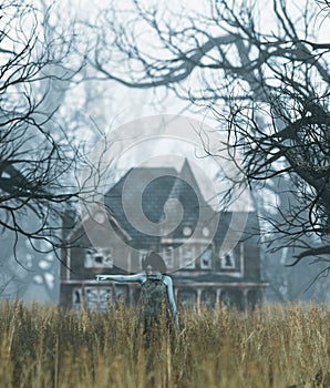 Ghost girl with haunted house scene in creepy forest