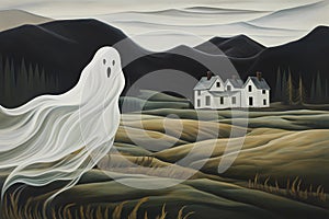 a ghost on Halloween, an old image, the style of an old illustration.