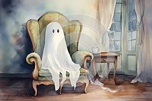 a ghost on Halloween, an old image, the style of an old illustration.