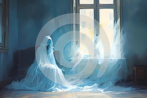 a ghost on Halloween, an old image, the style of an old illustration.