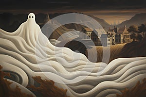 a ghost on Halloween, an old image, the style of an old illustration.