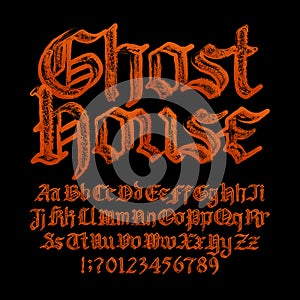 Ghost House alphabet font. Uppercase and lowercase gothic letters and numbers.