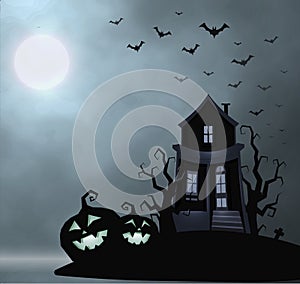 Ghost old house, mistery place, halloween vector illustration. Smile pumpkin, dry tree, bats flock, full moon, foggy