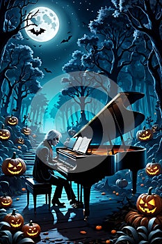 A ghost playing piano in a moonlit night, at a whimsical forest, with scary pumpkins, horor, bats, jungle, wildplants, cartoon photo