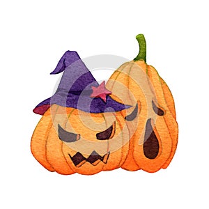 Ghost pumpkin with witch hat on white background. Watercolor hand painting illustration. Design for halloween event. Clipping path