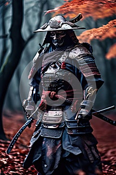 Ghost Samurai, samurai warrior bound by a ghostly curse, wearing shabby samurai armor