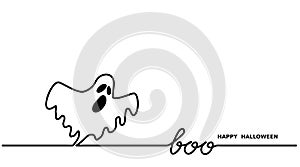 Ghost says boo.Happy Halloween vector simple one continuous line drawing for background, banner, illustration. Black and