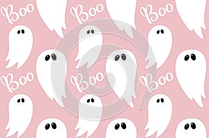 Ghost seamless pattern on pink with hand drawn text Boo for children halloween party paper, holiday celebration
