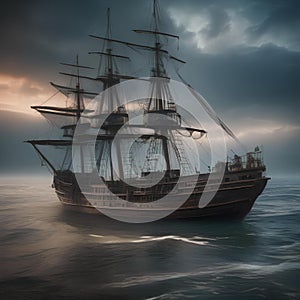 Ghost ship, Abandoned ship floating on the open sea with tattered sails and a ghostly crew haunting its decks2