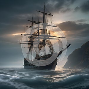 Ghost ship, Abandoned ship floating on the open sea with tattered sails and a ghostly crew haunting its decks4