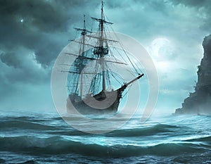 Ghost ship. Pirate ship in stormy sea