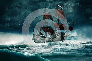 A ghost ship sails through the stormy night-