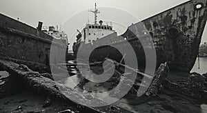Ghost ships rotting in the desolate ship graveyard