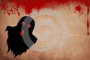 Ghost silhouette with red eyes on bloody grunge background