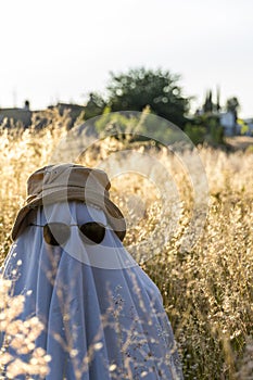 ghost standing around vegetation in broad daylight, at sunset, mexico