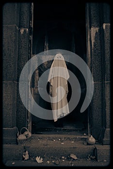 A ghost standing in a crypt amongst pumpkins and autumn leaves.Halloween. The vintage quality of the image highlights the timeless