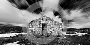 Ghost Town stone building in the Nevada Desert in Black and White.