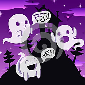 Ghost vector night background with house on the hill and trees